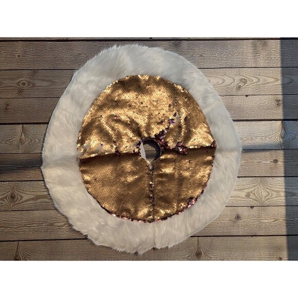 Reversible Mermaid Sequin Tree Skirt NWOT Gold & brown 18" Faux Fur Trim Holiday - Picture 1 of 6